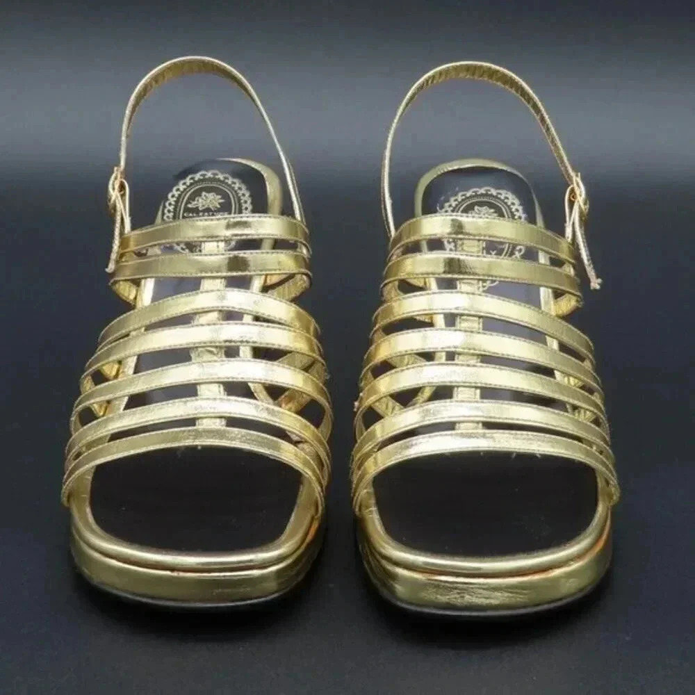 Vintage 60s Metallic Gold Shoes Strappy Cage Sandals Womens Costume Size 6.5